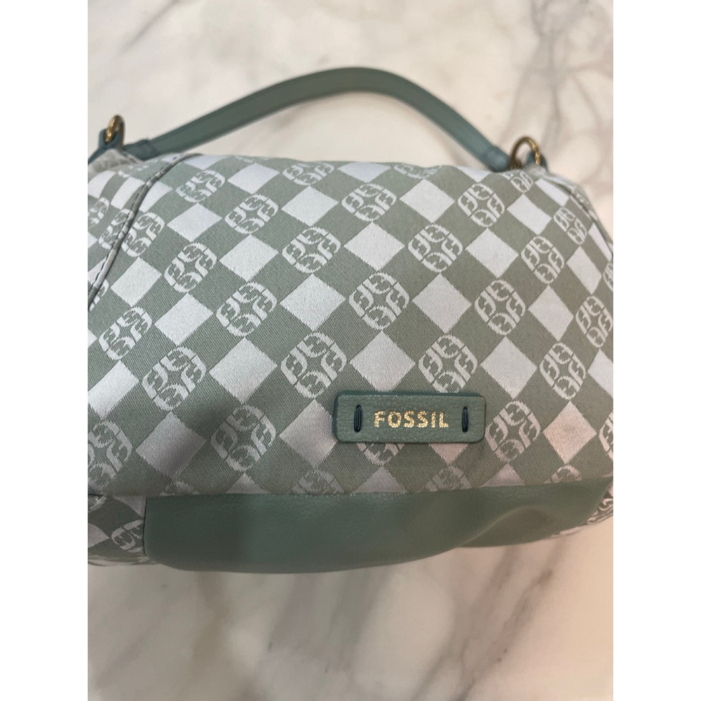 Fossil Mint Green White Monogram Canvas Shoulder Bag Leather Y2K Small Purse - Picture 2 of 11